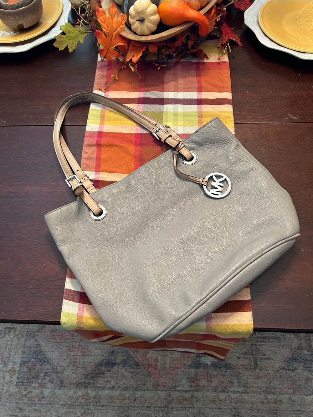 Michael Kors Light Gray Leather Shoulder Tote with Logo Charm